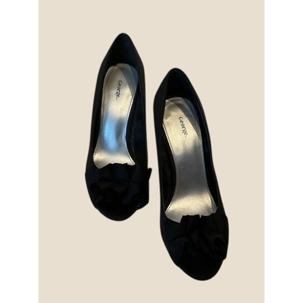 George Peep Toe Pumps Womens 7 Black Excellent Ruffle Bow Satin Stiletto Heels